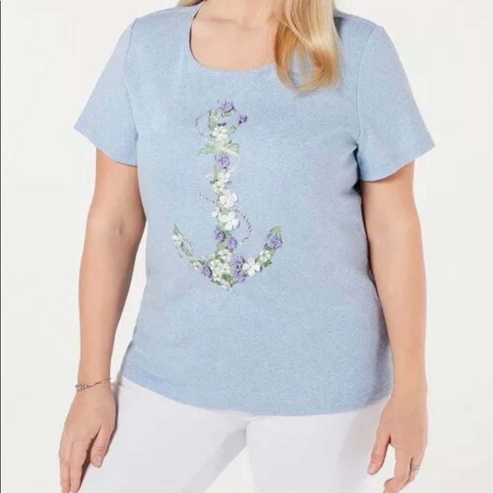 Karen Scott Embellished Floral Boat Anchor Top